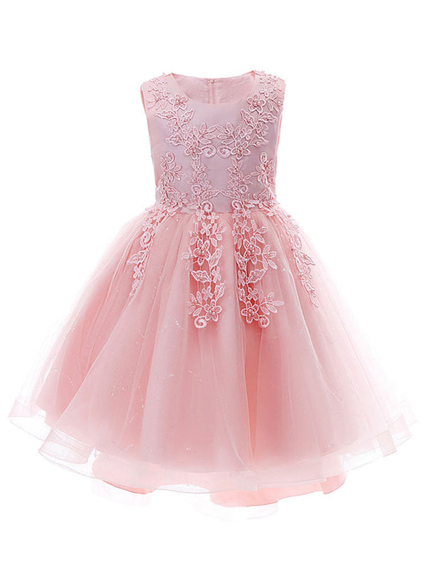 Pink Jewel Neck Sleeveless Lace Tulle Polyester Embroidered Kids Party Dresses