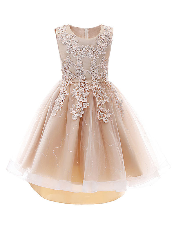Pink Jewel Neck Sleeveless Lace Tulle Polyester Embroidered Kids Party Dresses