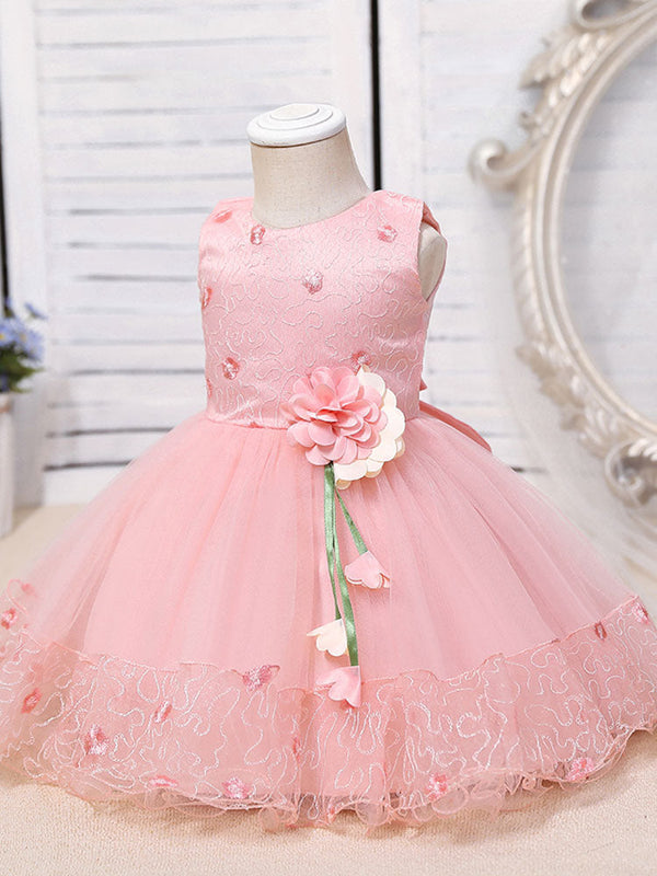Pink Jewel Neck Sleeveless Polyester Cotton Tulle Flowers Kids Party Dresses