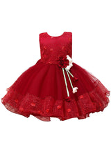 Pink Jewel Neck Sleeveless Polyester Cotton Tulle Flowers Kids Party Dresses