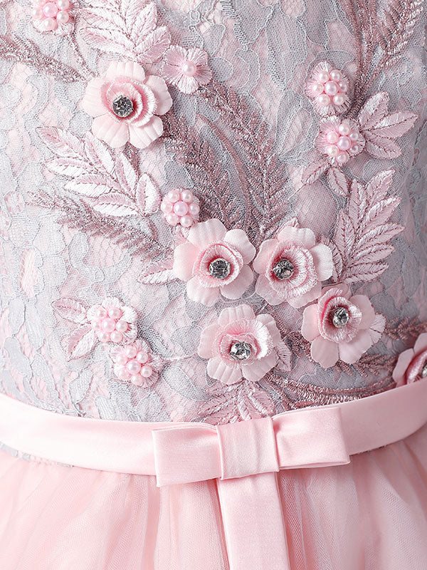 Pink Jewel Neck Sleeveless Short Princess Lace Flowers Kids Social Party Dresses