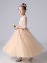 Pink Jewel Neck Tulle Lace Embroidered Kids Party Dresses
