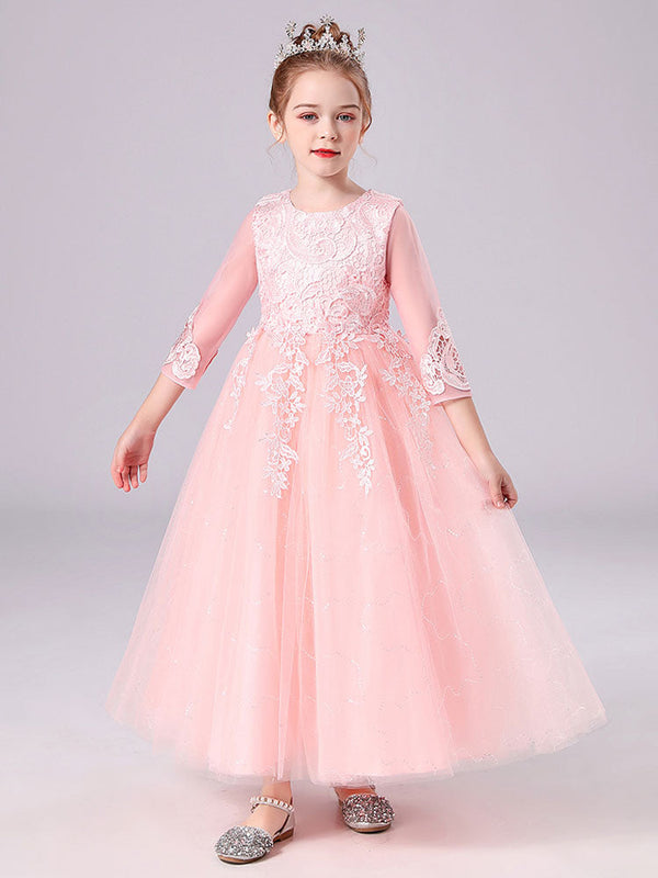Pink Jewel Neck Tulle Lace Embroidered Kids Party Dresses