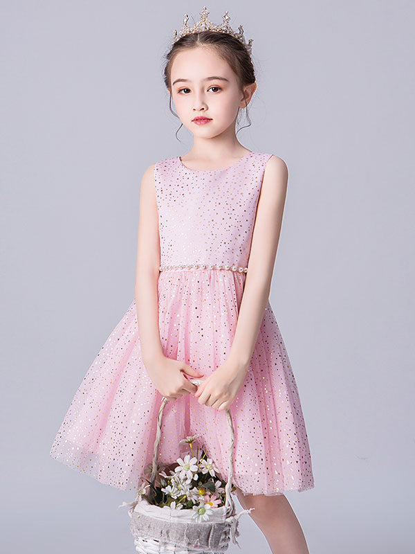 Pink Jewel Neck Tulle Sleeveless Short Pearls Formal Kids Pageant flower girl dresses