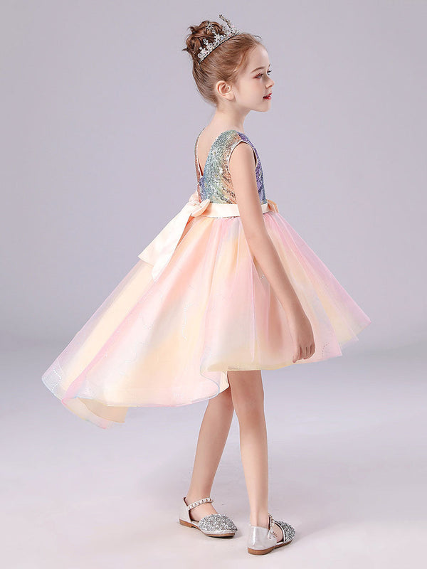 Pink Jewel Neck Tulle Sleeveless Short Princess Dress Bows Formal Kids Pageant flower girl dresses
