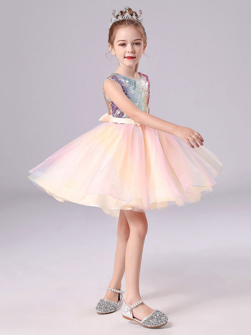 Pink Jewel Neck Tulle Sleeveless Short Princess Dress Bows Formal Kids Pageant flower girl dresses