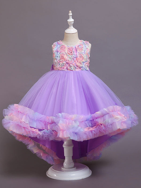 Pink Jewel Neck Tulle Sleeveless With Train A-Line Bows Formal Kids Pageant flower girl dresses