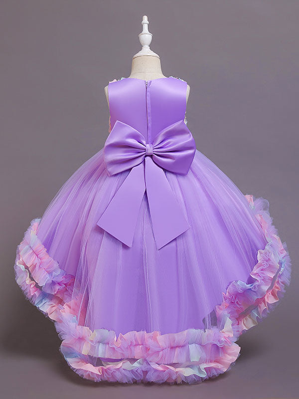 Pink Jewel Neck Tulle Sleeveless With Train A-Line Bows Formal Kids Pageant flower girl dresses