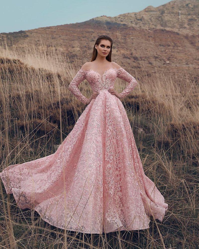 Pink Off-The-Shoulder Long Sleeves Lace Applique Princess A-Line Prom Dresses