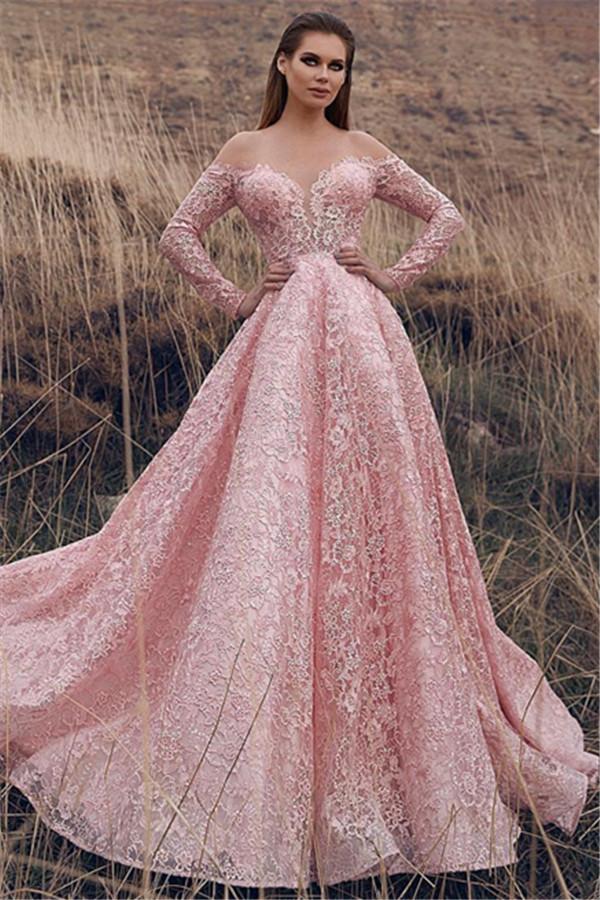 Pink Off-The-Shoulder Long Sleeves Lace Applique Princess A-Line Prom Dresses