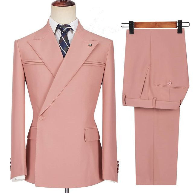 Pink Peaked Lapel Ruffles New Arrival Slim Fit Men's Prom Suits