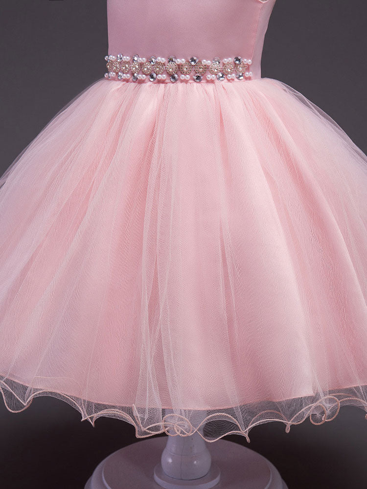 Pink Round Neck Sleeveless Tutu Dress Tulle Rhinestones Studded Girls Dinner Party Dresses