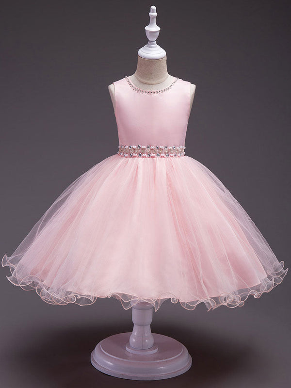Pink Round Neck Sleeveless Tutu Dress Tulle Rhinestones Studded Girls Dinner Party Dresses