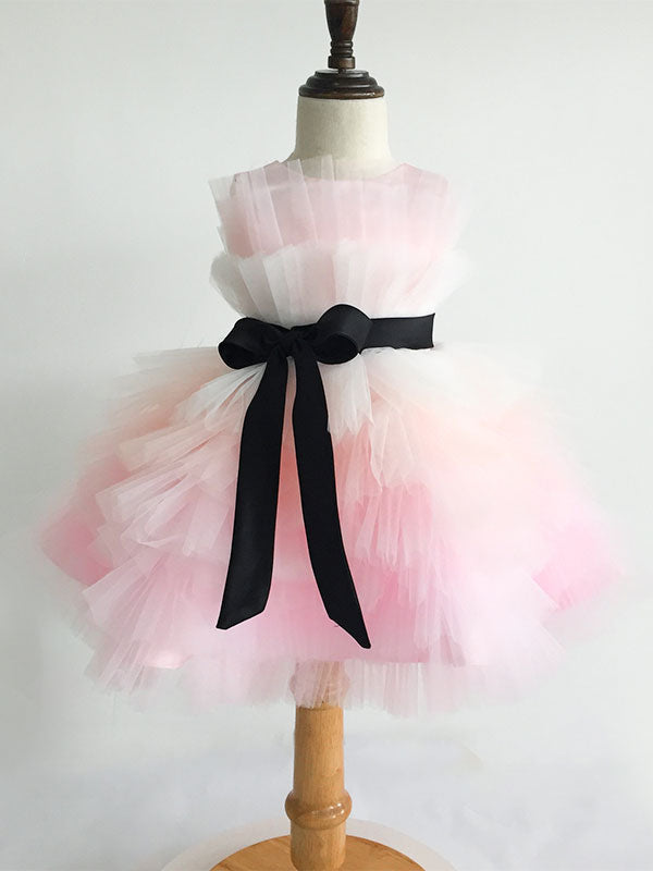 Pink Satin Fabric Sleeveless Short Princess Kids Party Dresses