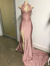 Pink Sleeveless Front Slit Appliques Long Mermaid Prom Dresses
