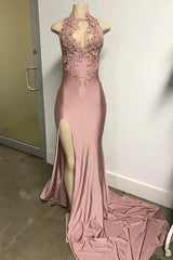 Pink Sleeveless Front Slit Appliques Long Mermaid Prom Dresses