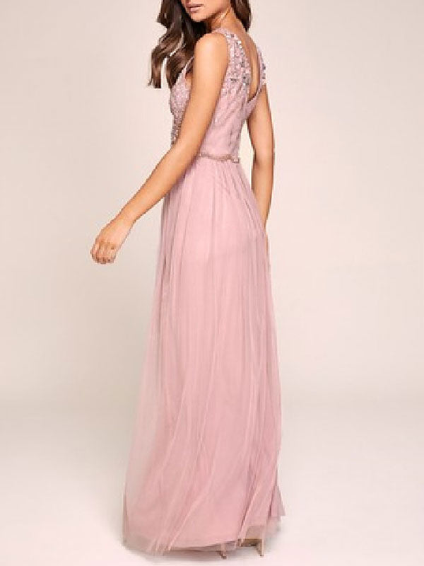 Pink Sleeveless Lace Wedding Guest Dresses Tulle A Line Bridesmaid Dress