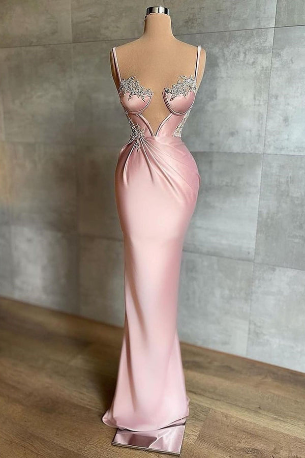 Pink Spaghetti-Straps Mermaid Prom Dresses Sleeveless With Appliques