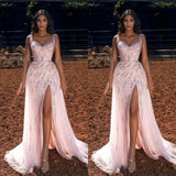 Pink Straps Long Prom Dress Mermaid Ruffles Ball Dresses Split Sweetheart