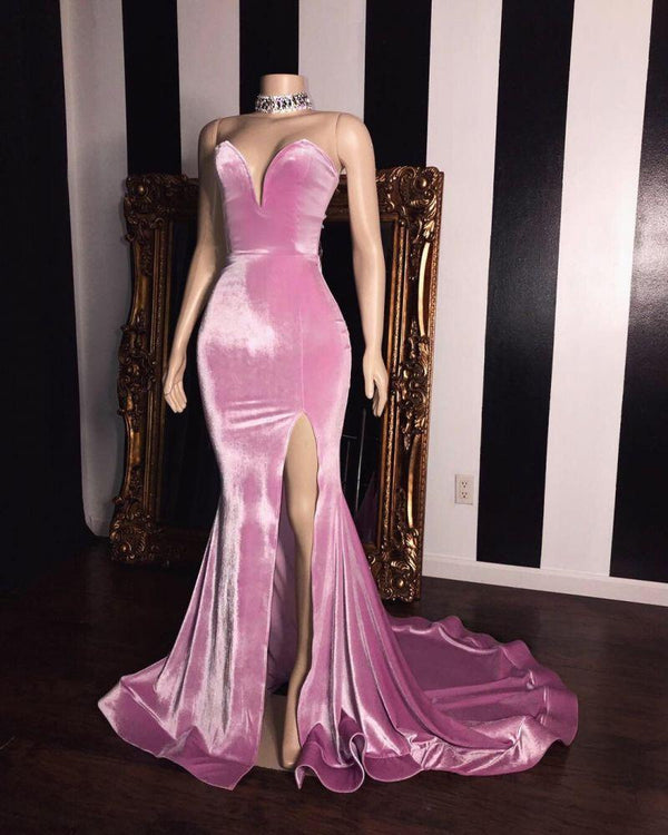 Pink Velvet Sweetheart Prom Dresses Chic Split Mermaid Long Evening Gowns