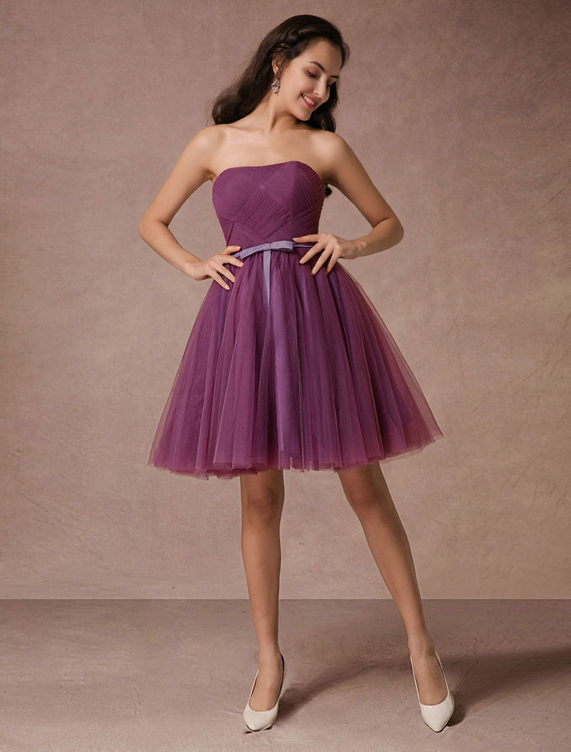 Plum Tulle Strapless Backless Woven Short Bridesmaid Dresses With Sash