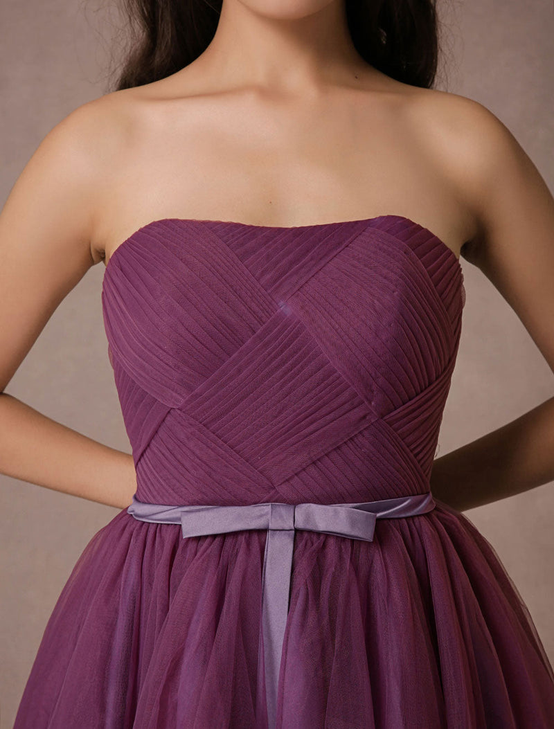Plum Tulle Strapless Backless Woven Short Bridesmaid Dresses With Sash
