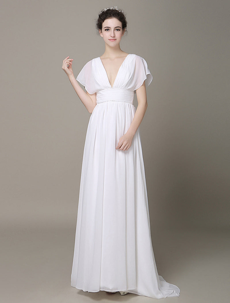 Plunging Chiffon Beach Wedding Dress A-Line Ivory Chic V-Neck Pleated Belt Short Sleeves Bridal Dress With Court Train Exclusive