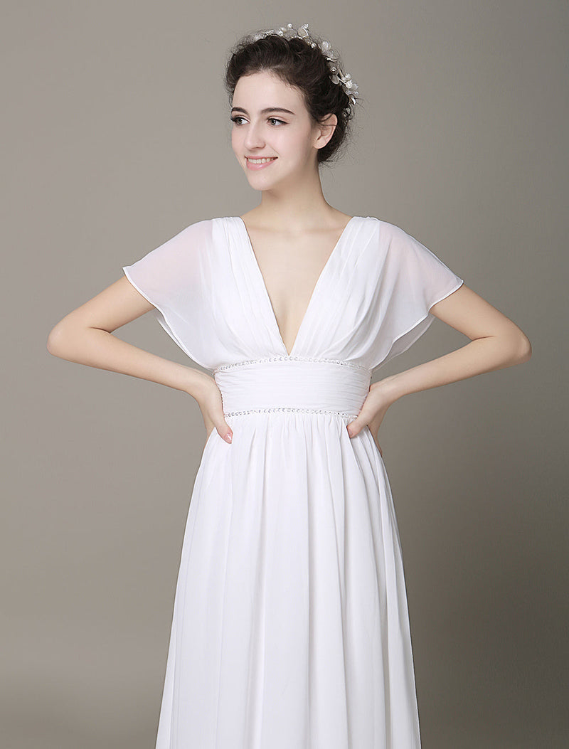 Plunging Chiffon Beach Wedding Dress A-Line Ivory Chic V-Neck Pleated Belt Short Sleeves Bridal Dress With Court Train Exclusive