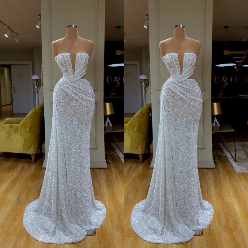 Plunging Sparkle White Sequined Strapless Prom Dress V-neck