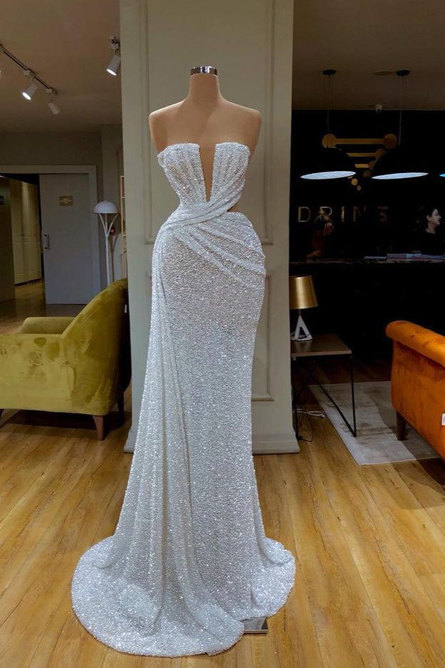 Plunging Sparkle White Sequined Strapless Prom Dress V-neck