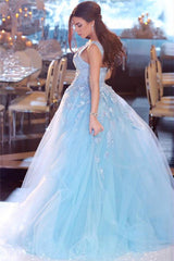 Popular Sky Blue Lace Prom Dresses Online Sleeveless Overskirt Tulle Evening Dresses