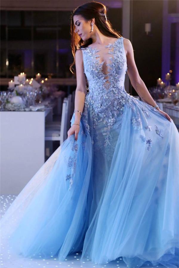 Popular Sky Blue Lace Prom Dresses Online Sleeveless Overskirt Tulle Evening Dresses