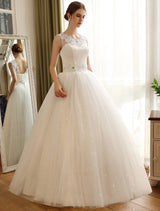 Princess Ball Gown Wedding Dresses Lace Applique Sexy Backless Beaded Sash Sequin Long Ivory Bridal Dress