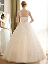 Princess Ball Gown Wedding Dresses Lace Applique Sexy Backless Beaded Sash Sequin Long Ivory Bridal Dress