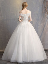 Princess Ball Gown Wedding Dresses Off The Shoulder Ivory Lace Beaded Long Bridal Dress