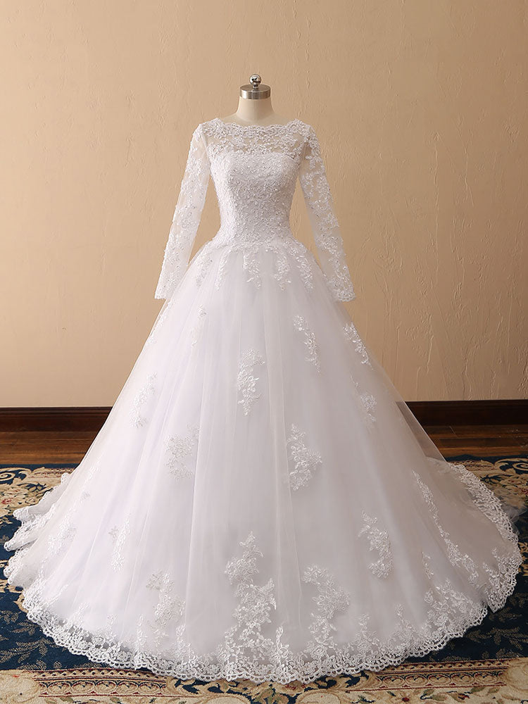 Princess Bateau Neck Wedding Dresses Elegant Long Sleeve Lace Tulle Bridal Gowns