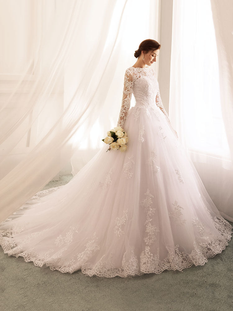 Princess Bateau Neck Wedding Dresses Elegant Long Sleeve Lace Tulle Bridal Gowns