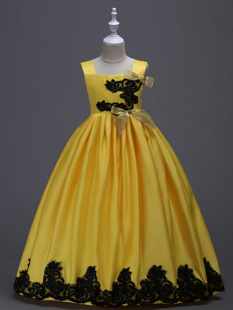 Princess Yellow Lace Applique Bow Decor Kids Pageant flower girl dresses