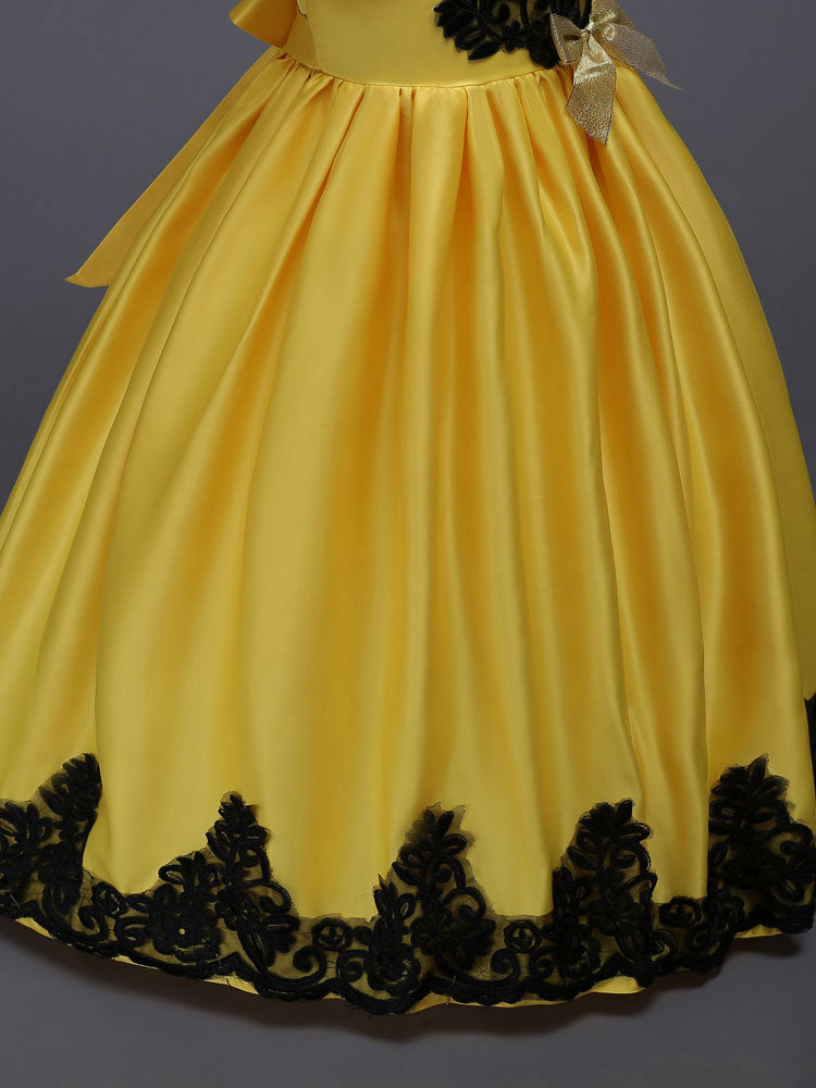 Princess Yellow Lace Applique Bow Decor Kids Pageant flower girl dresses