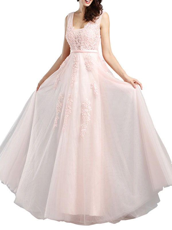Prom Dress Chic V-Neck A-line Sleeveless Long Lace Applique Party Dresses
