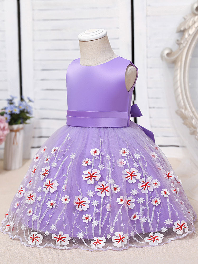 Purple Jewel Neck Cotton Tulle Sleeveless Short A-Line Embroidered Kids Party Dresses