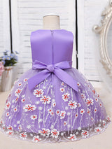 Purple Jewel Neck Cotton Tulle Sleeveless Short A-Line Embroidered Kids Party Dresses