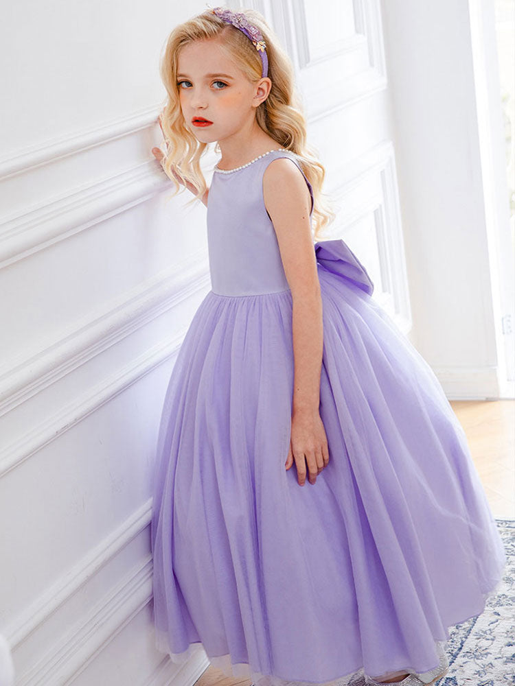 Purple Jewel Neck Sleeveless Polyester Tulle Beaded Kids Social Party Dresses