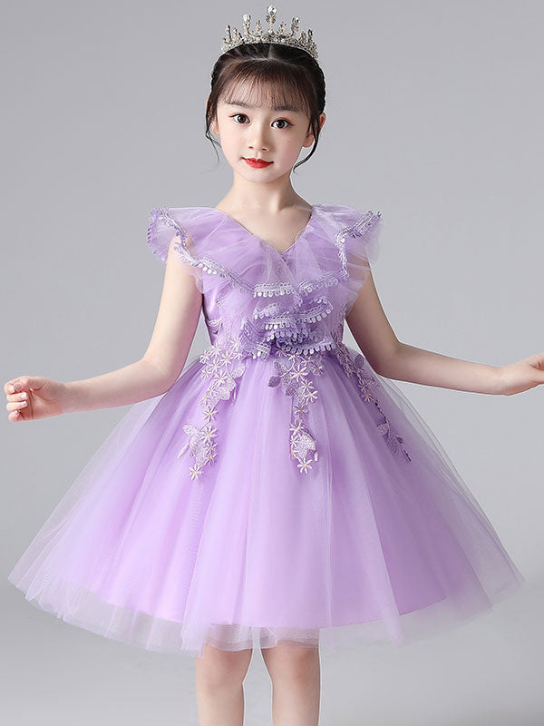 Purple V-Neck Sleeveless Tulle Lace Kids Party Dresses