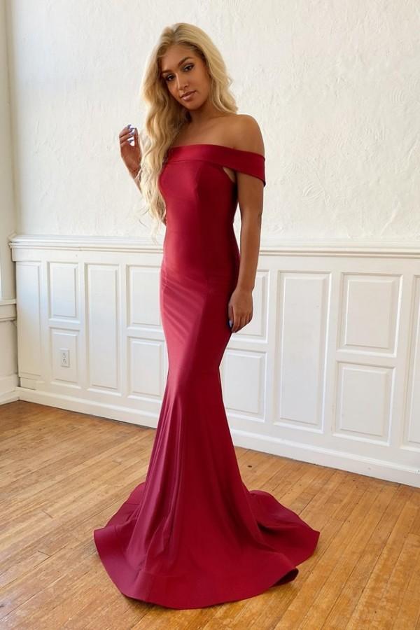 Rachel Simple Off-the-shoulder Burgundy Evening Gowns Mermaid Prom Dress, Fromal Evening Gowns