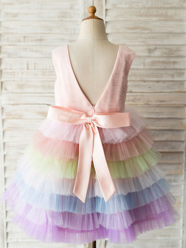 Rainbow Color Jewel Neck Tulle Sleeveless Short Princess Pearls Kids Social Party Dresses