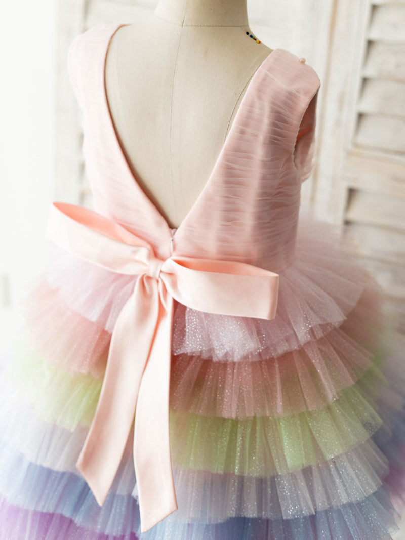 Rainbow Color Jewel Neck Tulle Sleeveless Short Princess Pearls Kids Social Party Dresses