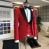 Red 3-Pieces Black Peaked Lapel Prom Suits For Men