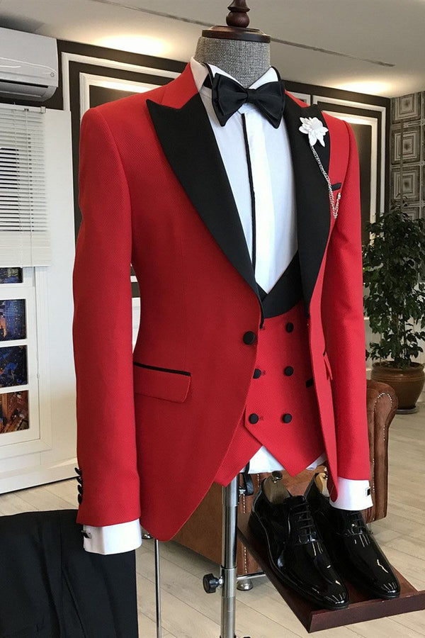 Red 3-Pieces Black Peaked Lapel Prom Suits For Men