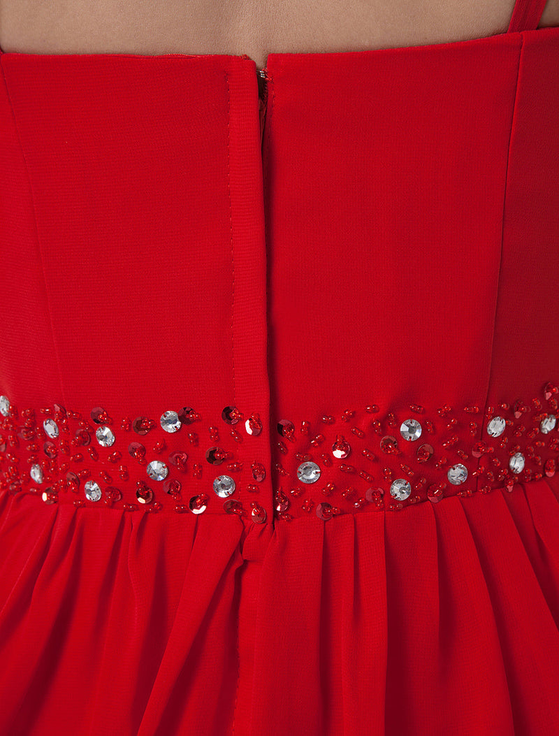Red Backless Rhinestone Straps Chiffon Bridesmaid Dress